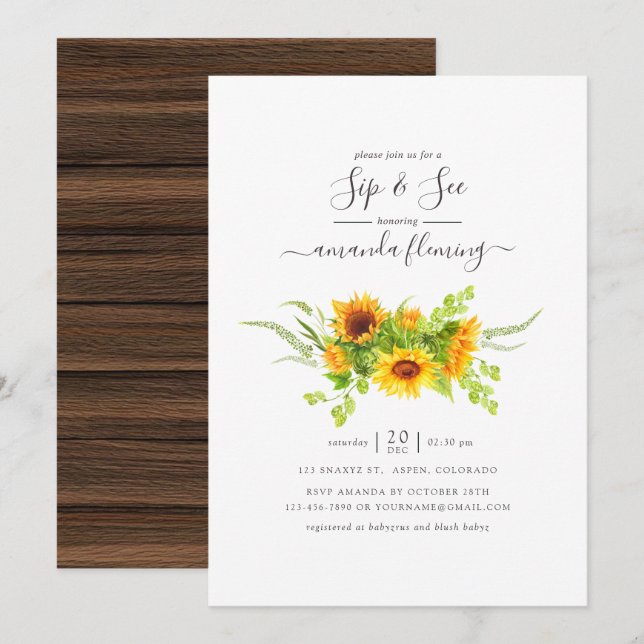 Rustikale Wasserfarbe Bohemisch Sonnenblumen Sip a Einladung (Vorne/Hinten)