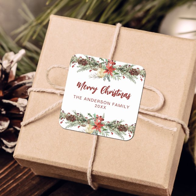 Rustikale Wasserfarbe Botanische Frohe Weihnachten Quadratischer Aufkleber (Von Creator hochgeladen)