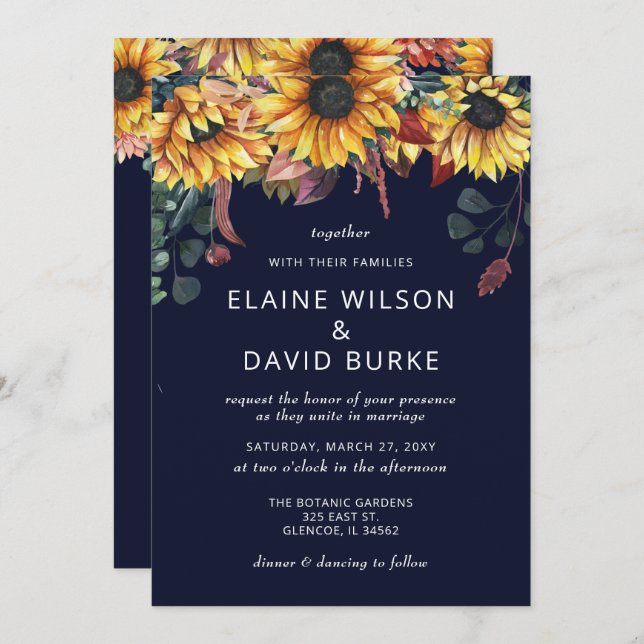 Rustikale Wasserfarbe Burgund Sonnenblumen Hochzei Einladung (Vorne/Hinten)