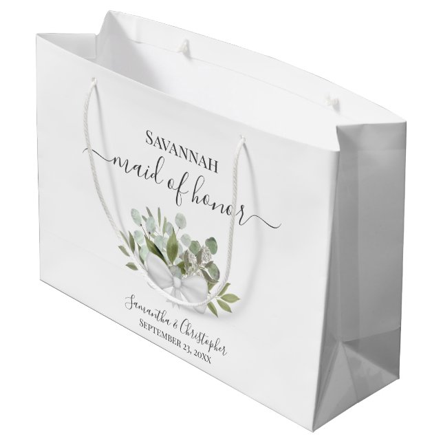 Rustikale Wasserfarbe-Eukalyptus-Brautjungfer-Hoch Große Geschenktüte (Rückseite Schrägansicht)