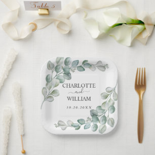 Rustikale Wasserfarbe Eukalyptus-Grünzeug-Hochzeit Pappteller