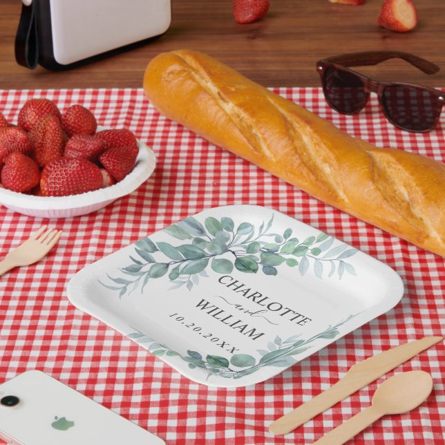 Rustikale Wasserfarbe Eukalyptus Grünzeug Hochzeit Pappteller (Picknick)