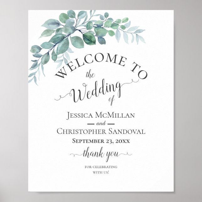 Rustikale Wasserfarbe Eukalyptus Grünzeug Hochzeit Poster (Vorne)