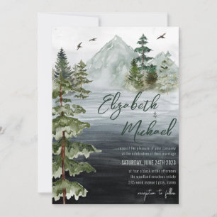 Rustikale Wasserfarbe Evergreen Mountain Hochzeit Einladung
