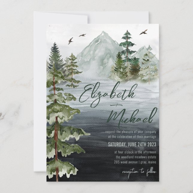 Rustikale Wasserfarbe Evergreen Mountain Wedding I Einladung (Vorderseite)