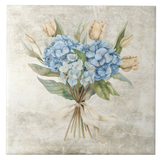 Rustikale Wasserfarbe Florale Blaue Hortensie  Fliese (Vorderseite)