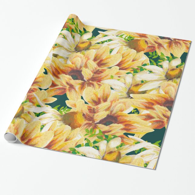 Rustikale Wasserfarbe Gelb und grüne Sonnenblumen Geschenkpapier (Ungerollt)