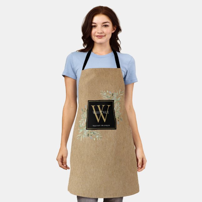 Rustikale Wasserfarbe Grün Schwarz Gold Monogramm Schürze (Getragen)