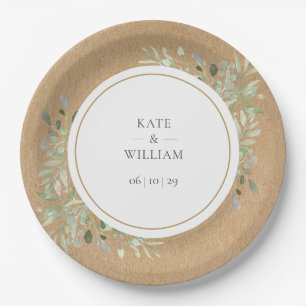 Rustikale Wasserfarbe Grünzeug Blätter Hochzeit Pappteller