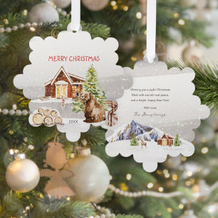 Rustikale Wasserfarbe-Hüttenbär-Andenken-Weihnacht Ornament Karte