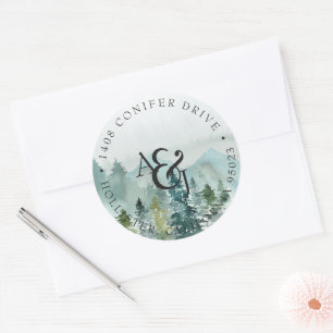 Rustikale Wasserfarbe Kiefern Monogramm Hochzeit Runder Aufkleber
