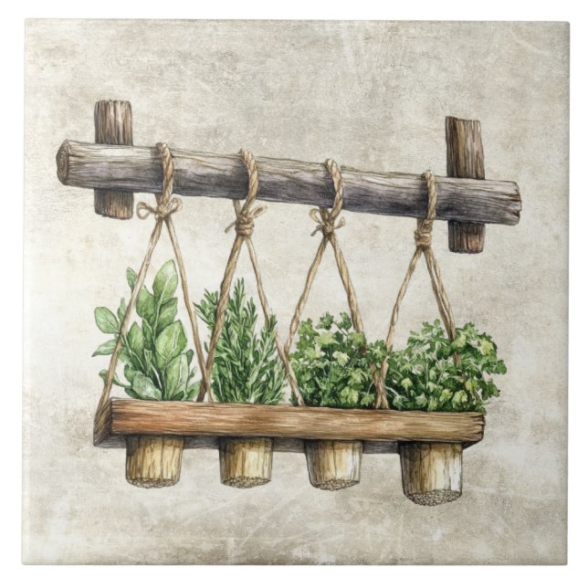 Rustikale Wasserfarbe-Kräuter hängen  Fliese (Vorderseite)