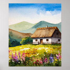 Rustikale Wasserfarbe Land Hütte in Wildblumen Poster