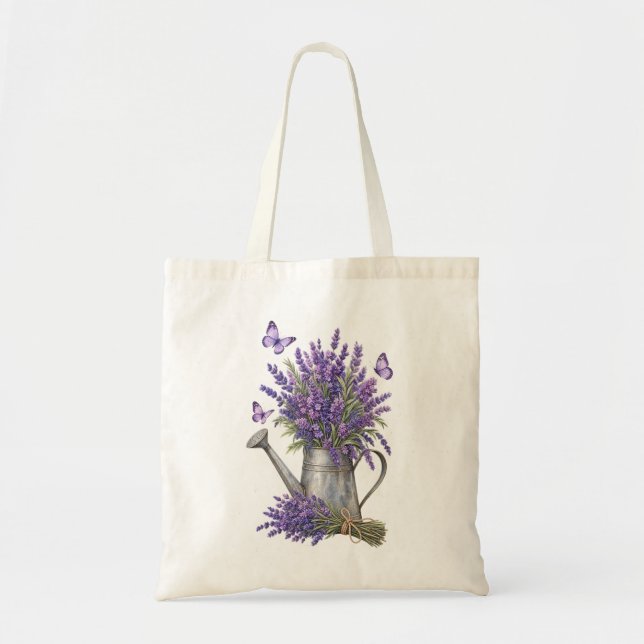Rustikale Wasserfarbe-Lavendel-Gießkanne Tragetasche (Vorne)