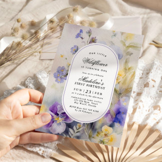 Rustikale Wasserfarbe Lila & gelb 1. Geburtstag Einladung