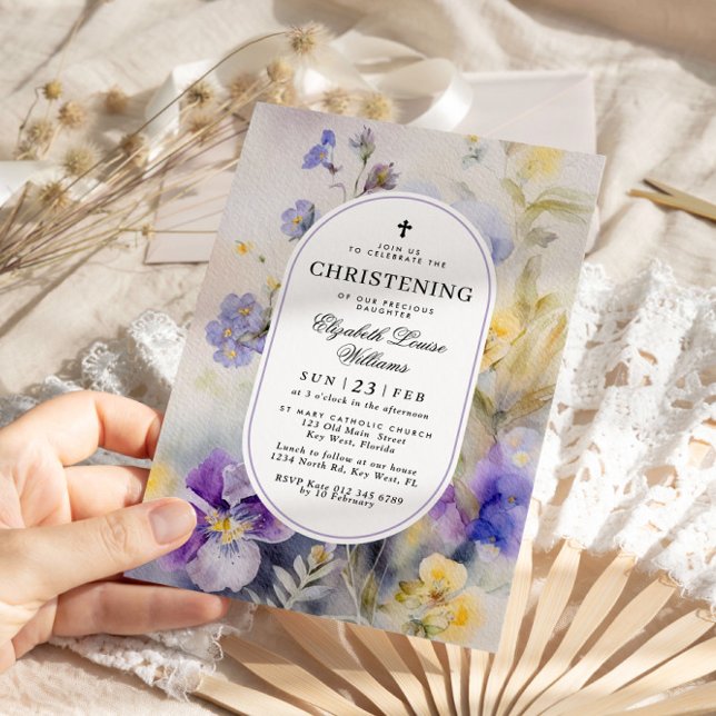 Rustikale Wasserfarbe Lila & Gelb Christening Einladung (Von Creator hochgeladen)