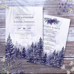 Rustikale Wasserfarbe Lila Kiefernwald Hochzeit Einladung