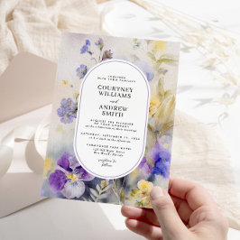 Rustikale Wasserfarbe Lila- und gelbblühende Hochz Einladung