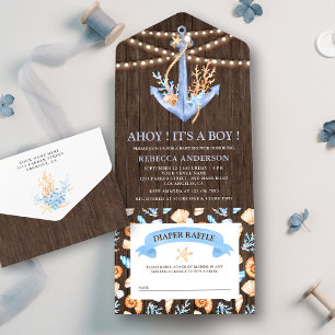 Rustikale Wasserfarbe-Marine-Anker-Holz-Baby-Party All In One Einladung