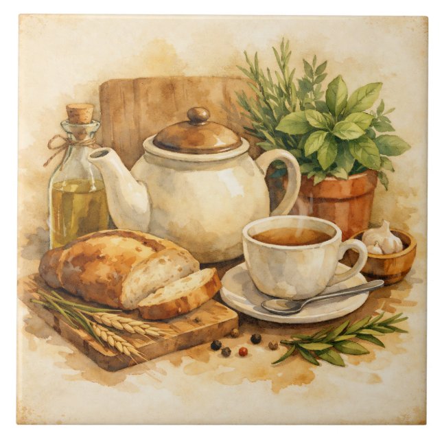 Rustikale Wasserfarbe-Mittelmeer-Frühstück  Fliese (Vorderseite)