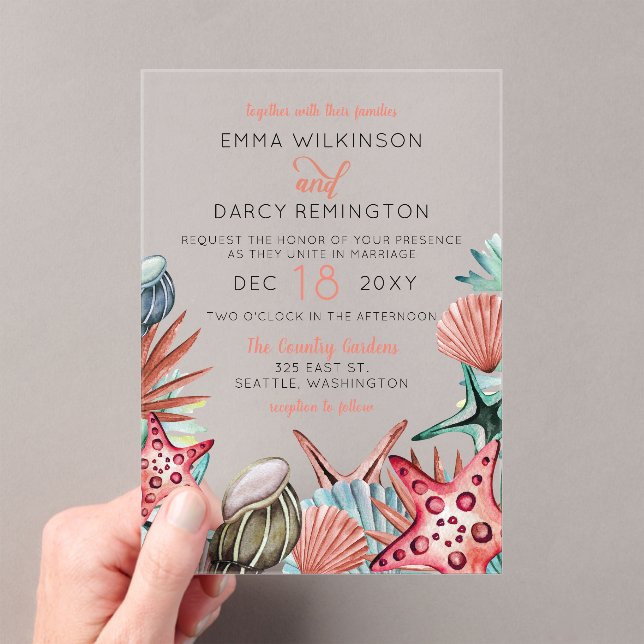 Rustikale Wasserfarbe Muscheln Starfish Beach Hoch Acryleinladungen (Insitu (Handheld))