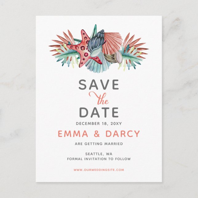 Rustikale Wasserfarbe Muscheln Starfish Beach Hoch Ankündigungspostkarte (Vorderseite)