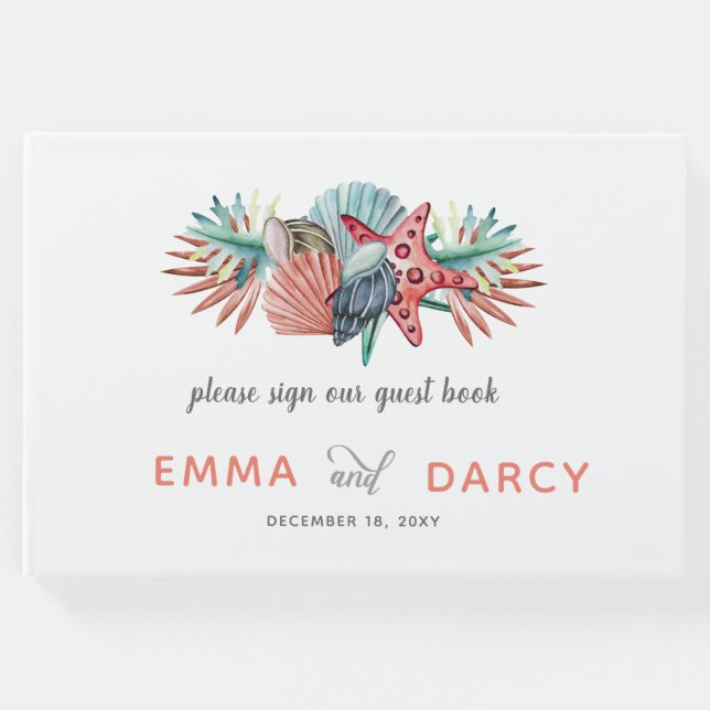 Rustikale Wasserfarbe Muscheln Starfish Beach Hoch Gästebuch (Vorderseite)