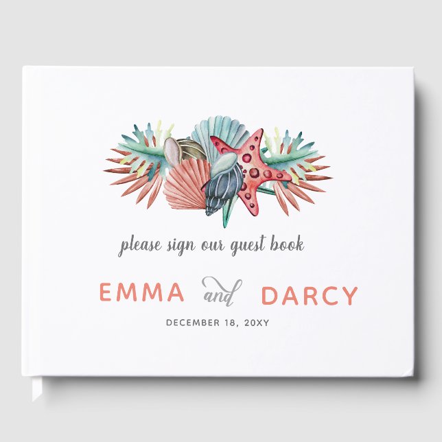 Rustikale Wasserfarbe Muscheln Starfish Beach Hoch Gästebuch (Vorderseite)
