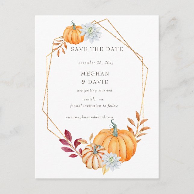 Rustikale Wasserfarbe Orange Pumpkins Hochzeit im  Ankündigungspostkarte (Vorderseite)
