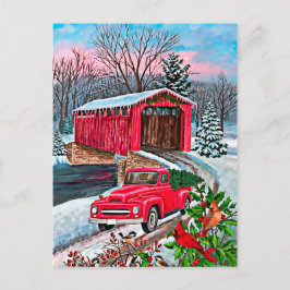Rustikale Wasserfarbe Roter Lkw Weihnachten Postkarte