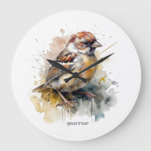 Rustikale Wasserfarbe-Spatz, individuell Große Wanduhr