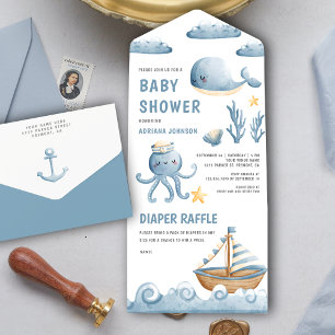 Rustikale Wasserfarbe Süße Nautilche Babyparty zum All In One Einladung