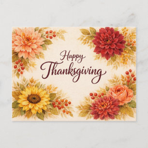 Rustikale Wasserfarbe Thanksgiving-Blumen-Grußkart Feiertagspostkarte