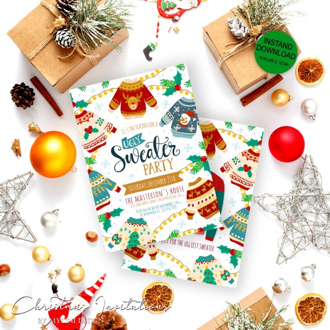 Rustikale Wasserfarbe Ugly Sweater Weihnachts-Part Einladung (Von Creator hochgeladen)