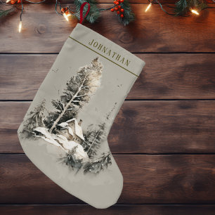 Rustikale Wasserfarbe Winter-Landhaus Kleiner Weihnachtsstrumpf