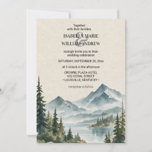 Rustikale Wasserfarben Berge Kiefern Hochzeit  Einladung