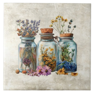 Rustikale Wasserfarben-Blumen in Gläsern Fliese