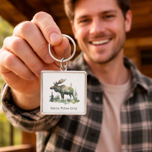 Rustikale Wasserfarben-Elch-Personalisierte Hütte Schlüsselanhänger