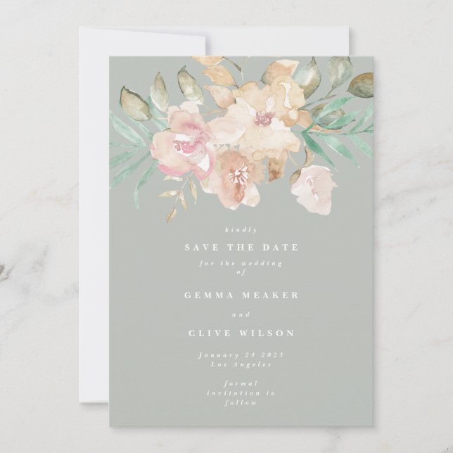Rustikale Wasserfarben Florals auf Sage Green Foto Save The Date (Vorderseite)