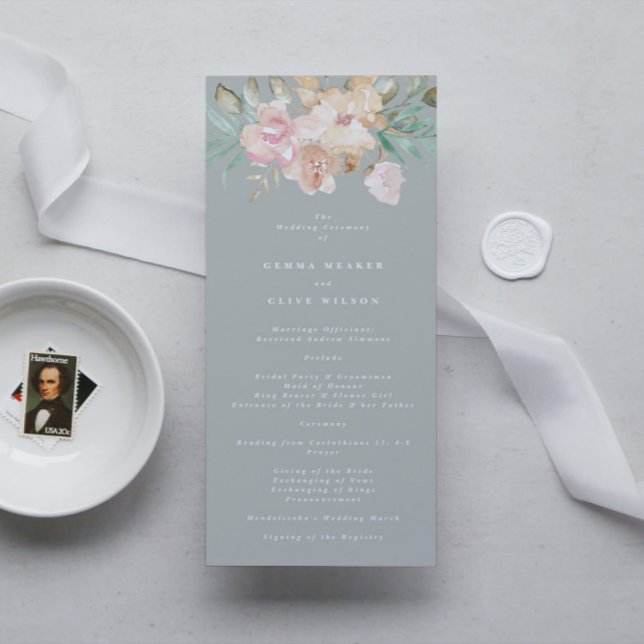 Rustikale Wasserfarben Florals auf Sage Green Wedd Programm (Von Creator hochgeladen)