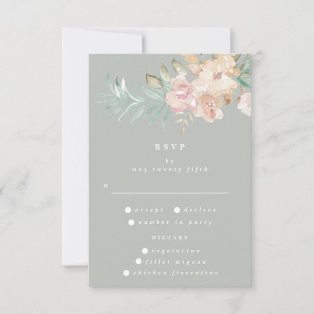 Rustikale Wasserfarben Florals auf Sage Green Wedd RSVP Karte (Vorderseite)