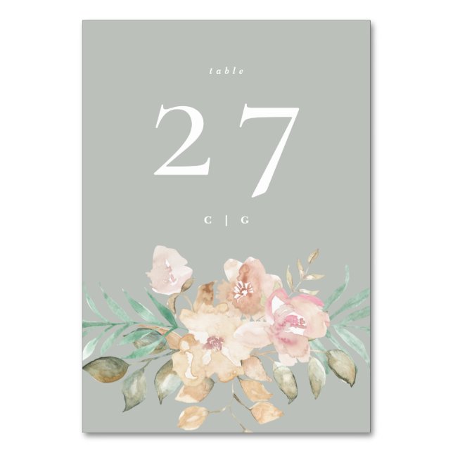 Rustikale Wasserfarben Florals auf Sage Green Wedd Tischnummer (Vorderseite)