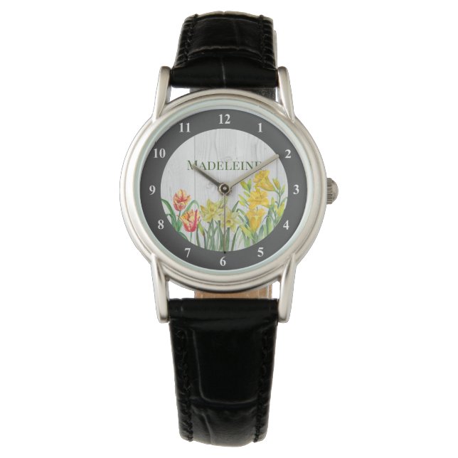 Rustikale Wasserfarben Frühlingsblumen Kunst, Dich Armbanduhr (Vorderseite)