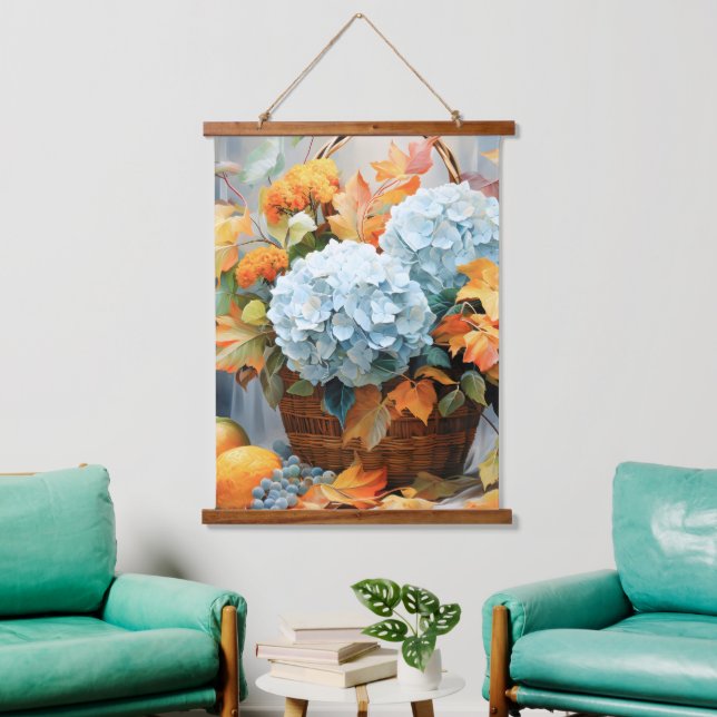 Rustikale Wasserfarben Herbstblumenkörbchen Wandteppich Mit Holzrahmen (Wohnzimmer)