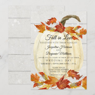 Rustikale Wasserfarben Herbstlaub-Kürbis-Weißholz Einladung