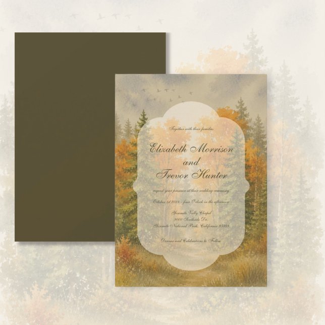 Rustikale Wasserfarben-Herbstwald-Hochzeit Einladung (Autumn Forest Pine Trees Mountains - Wedding Invitations)
