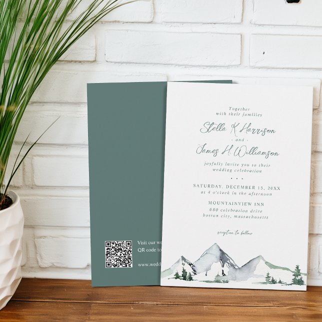 Rustikale Wasserfarben-Hochzeit mit QR-Code in den Einladung (Rustic Mountains Watercolor QR Code Wedding Invitation)