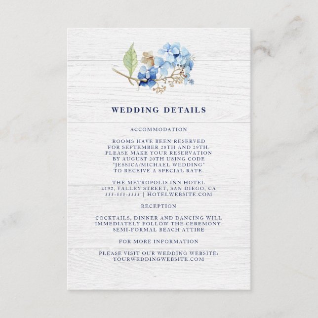 Rustikale Wasserfarben Hydrangea Hochzeit Details Begleitkarte (Vorderseite)