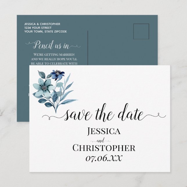 Rustikale Wasserfarben-Illustration Blaues Blumenb Ankündigungspostkarte (Vorne/Hinten)