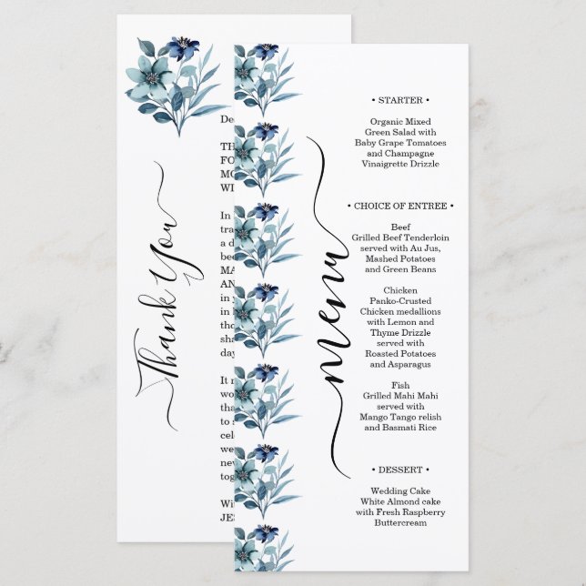 Rustikale Wasserfarben-Illustration Blaues Blumenb Menükarte (Vorne/Hinten)